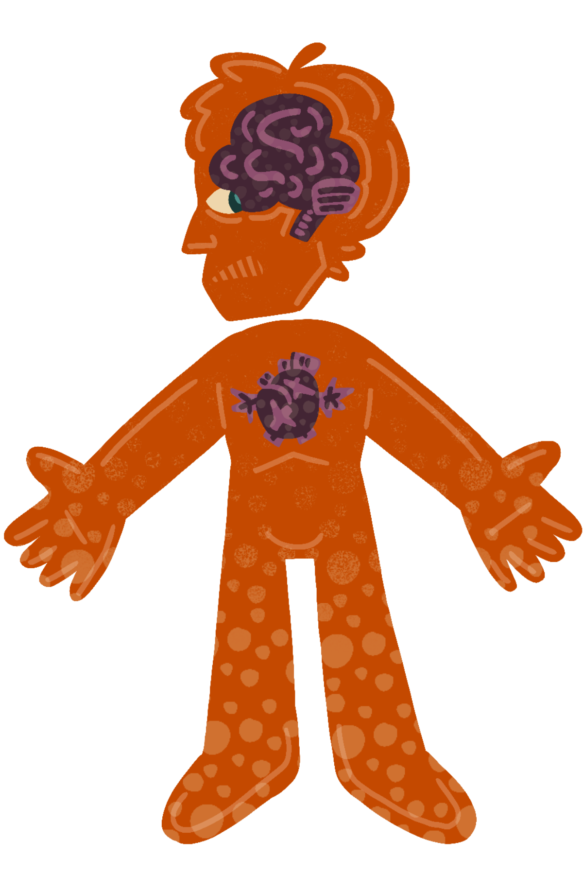A orange silhouette of my body drawn in a cartoon style,the eyes, brain, and heart are drawn in purple.